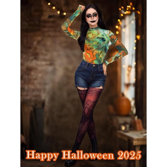 Women Orange Long Sleeve Mock Neck Fitted Sexy See Through Mesh Going Out Tops - Picture 6 of 7